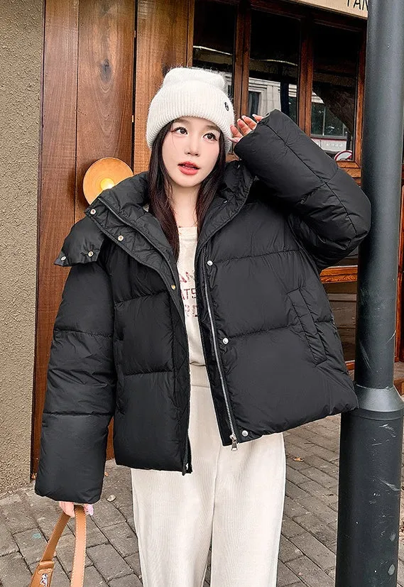 Quilted and Windproof Solid Puffer Jacket for Women