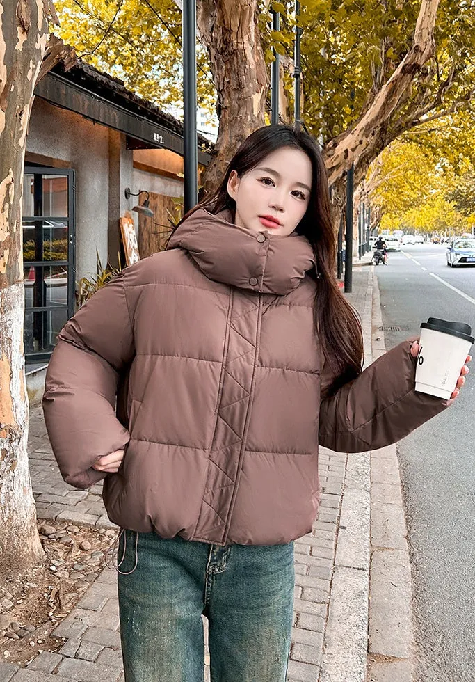 Quilted and Windproof Solid Puffer Jacket for Women