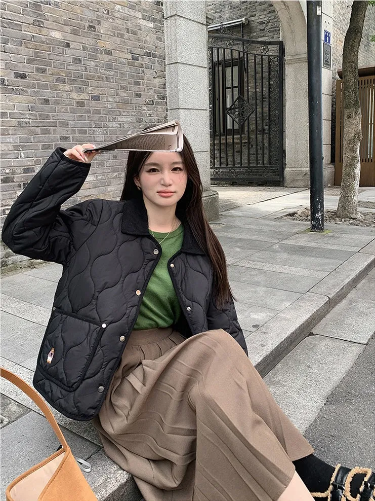 Quilted Windproof Puffer Jacket with Label Detailing and Water-resistant Feature