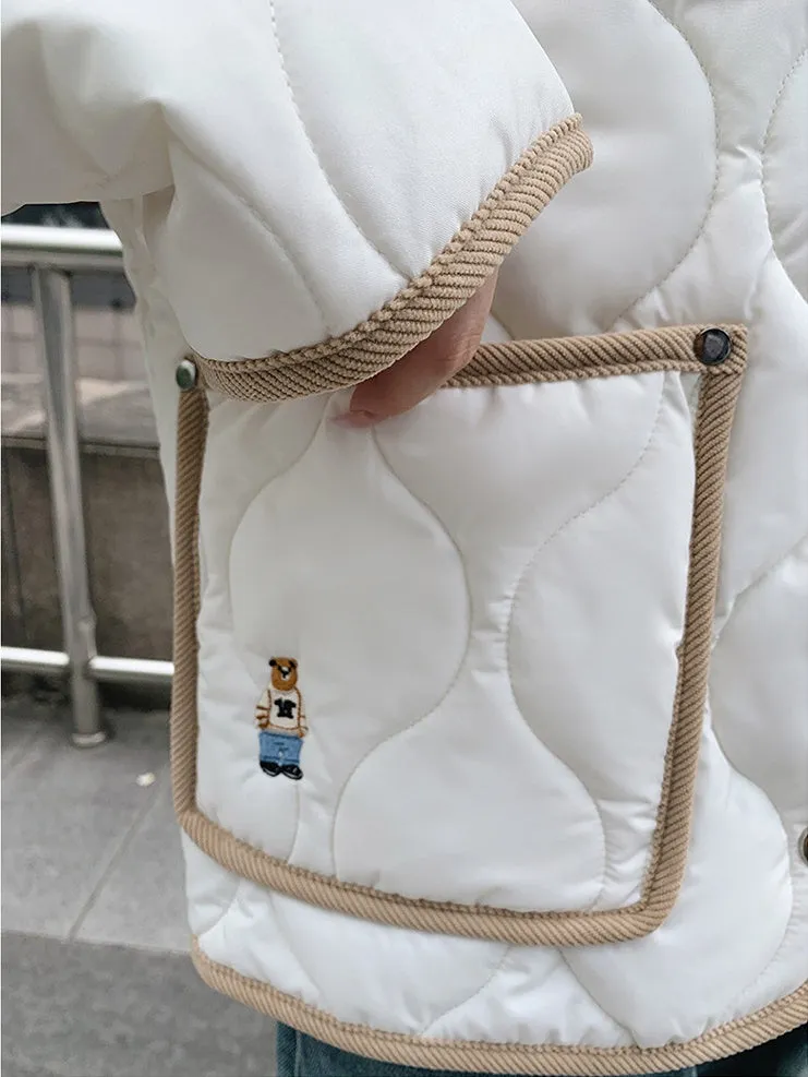 Quilted Windproof Puffer Jacket with Label Detailing and Water-resistant Feature