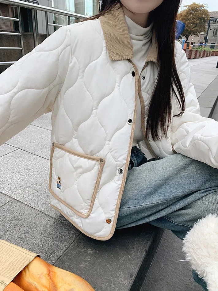 Quilted Windproof Puffer Jacket with Label Detailing and Water-resistant Feature