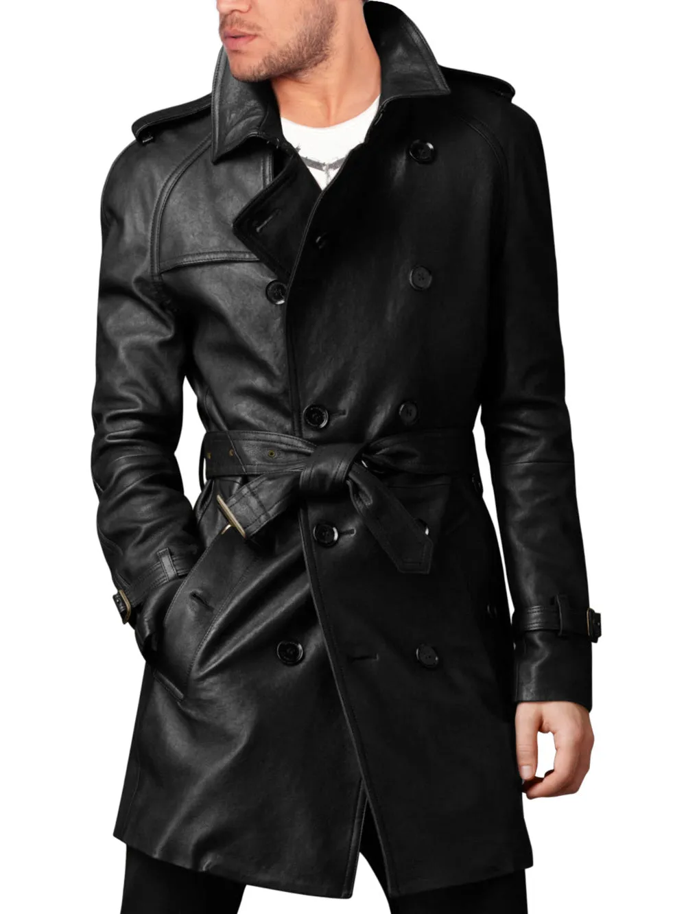 Raglan Sleeve Cozy Leather Trench Coat for Men
