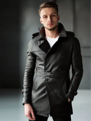 Raglan Sleeve Cozy Leather Trench Coat for Men