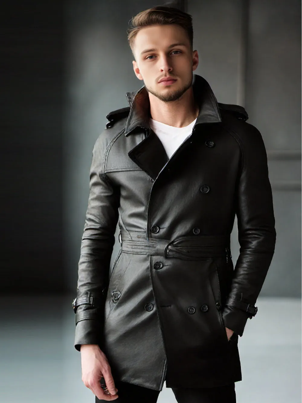 Raglan Sleeve Cozy Leather Trench Coat for Men