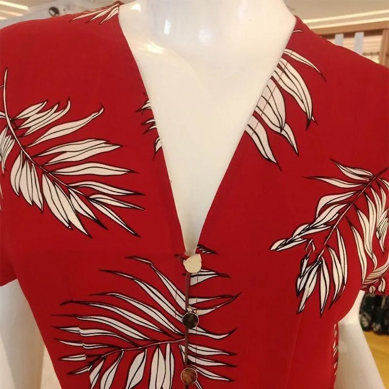 Red Flower Print V Neck Short Sleeve High Waist Side Split Sexy Summer Maxi Dress
