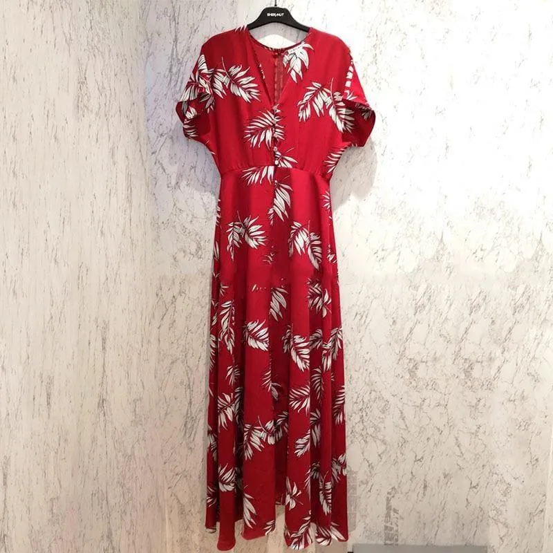 Red Flower Print V Neck Short Sleeve High Waist Side Split Sexy Summer Maxi Dress