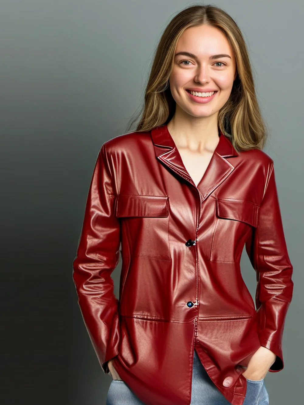 Red Lambskin Buttoned Leather Coat for Women
