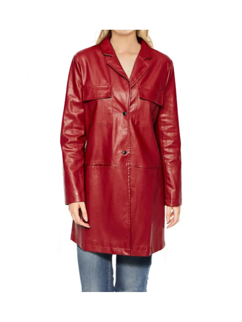 Red Lambskin Buttoned Leather Coat for Women