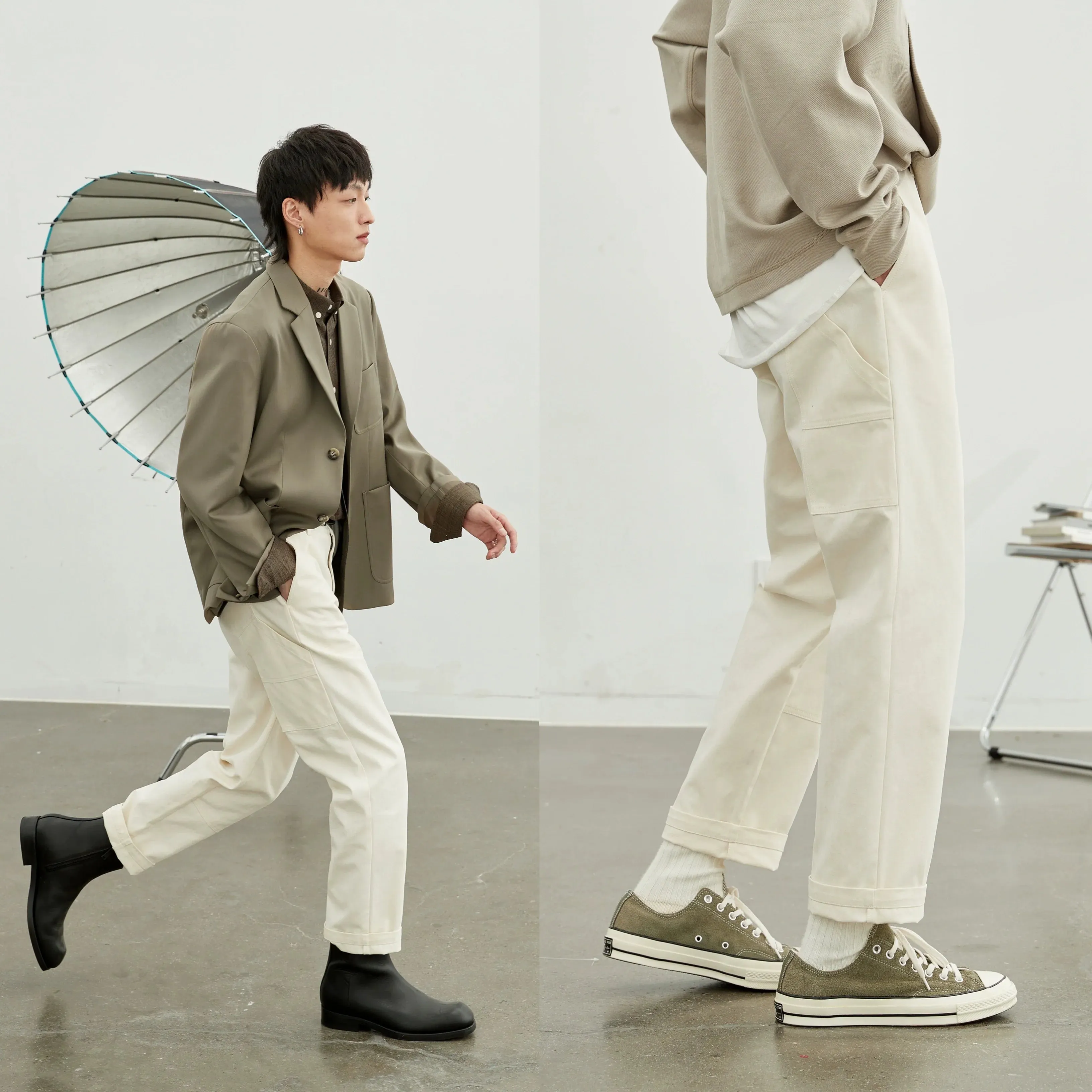 Retro Herringbone Elastic Waist Cargo Pants