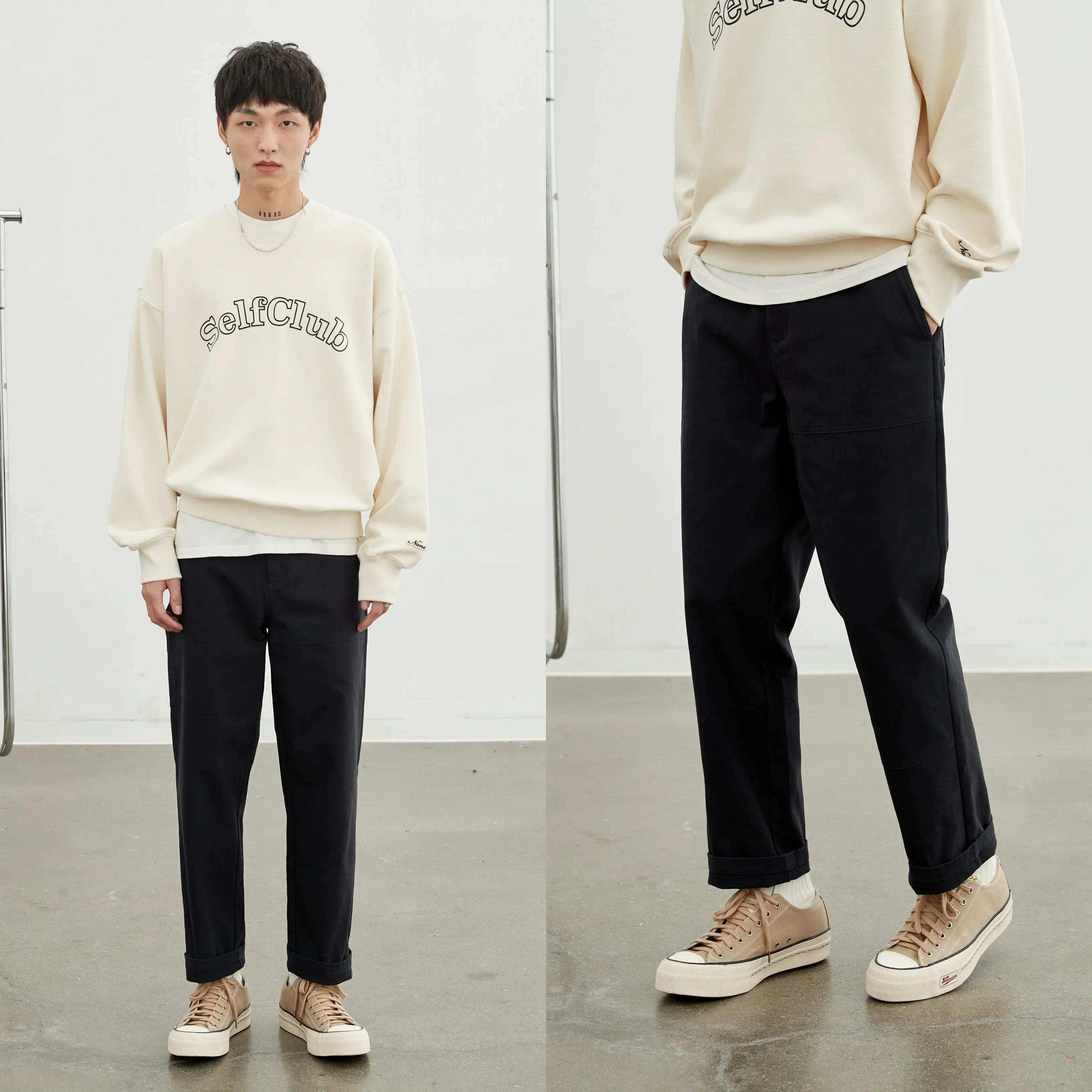 Retro Herringbone Elastic Waist Cargo Pants