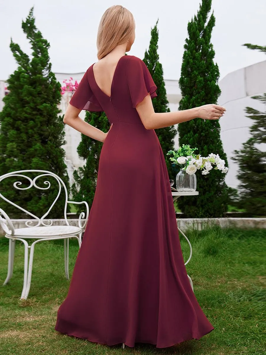 Robe de demoiselle d'honneur trapèze en mousseline à manches volantées avec plis à col en V