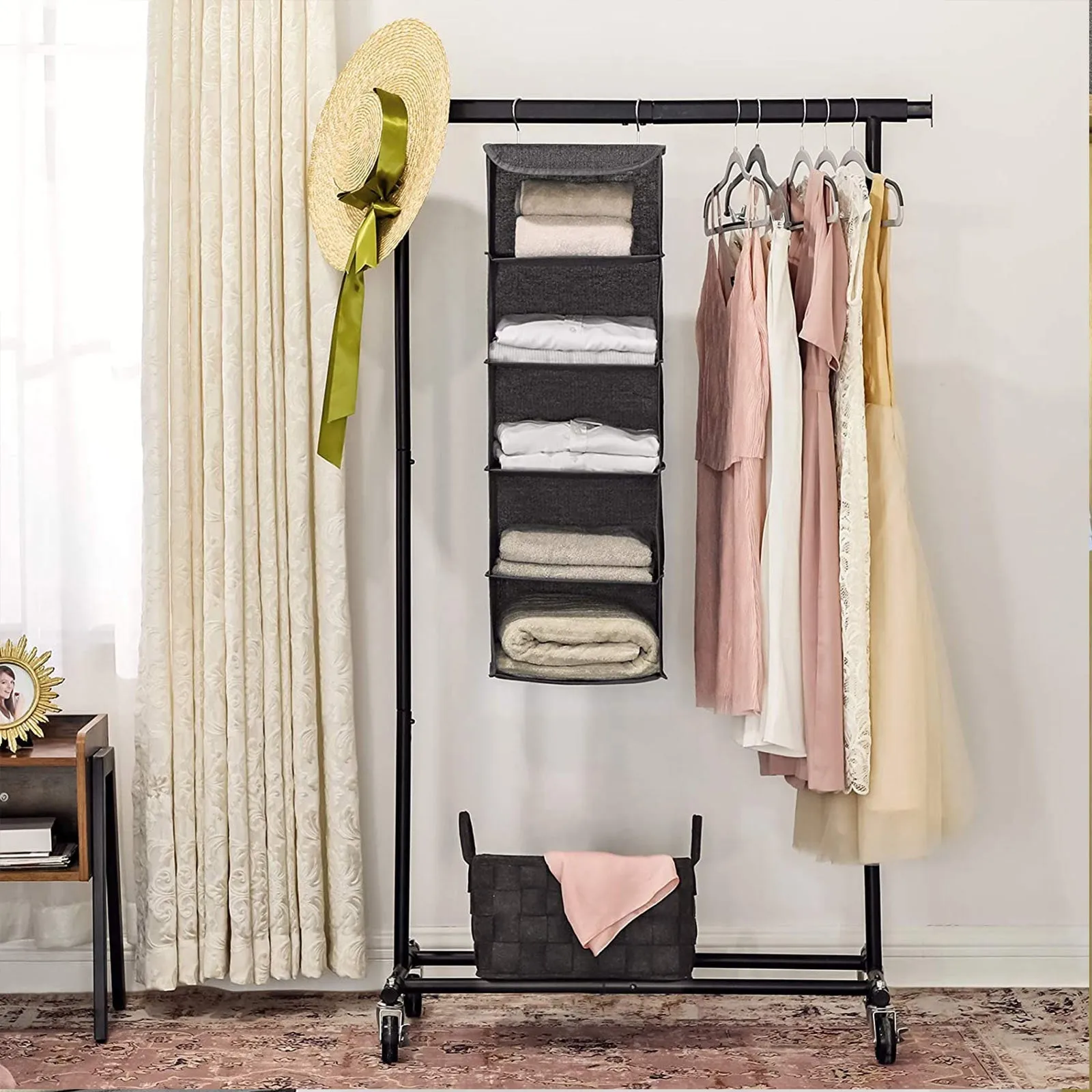Rootz Hanging Shelf Organizer - Wardrobe Organizer - Closet Organizer - Vertical Space Saving - Bamboo Inserts - Non-Woven Fabric - Gray - 30cm x 30cm x 90cm