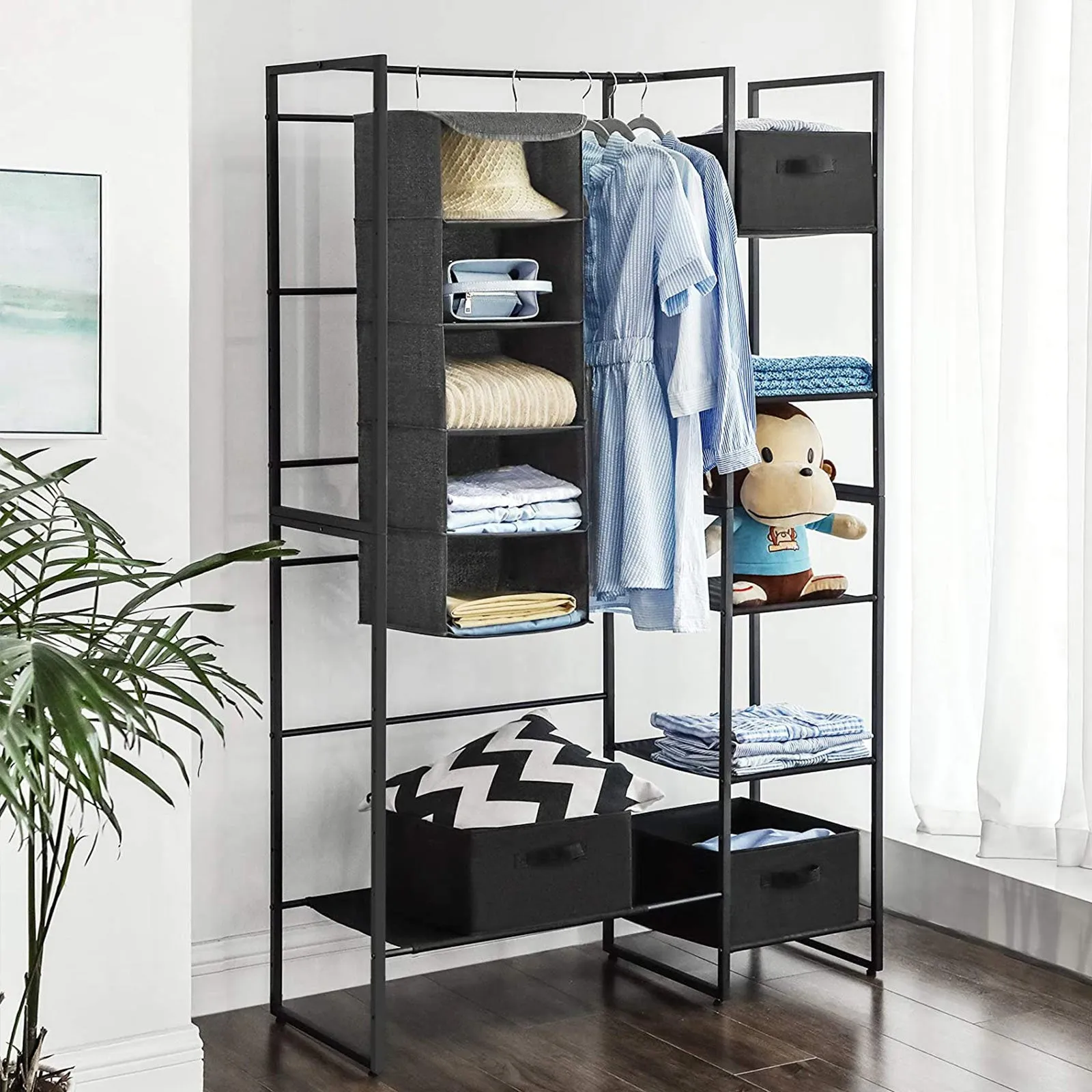 Rootz Hanging Shelf Organizer - Wardrobe Organizer - Closet Organizer - Vertical Space Saving - Bamboo Inserts - Non-Woven Fabric - Gray - 30cm x 30cm x 90cm