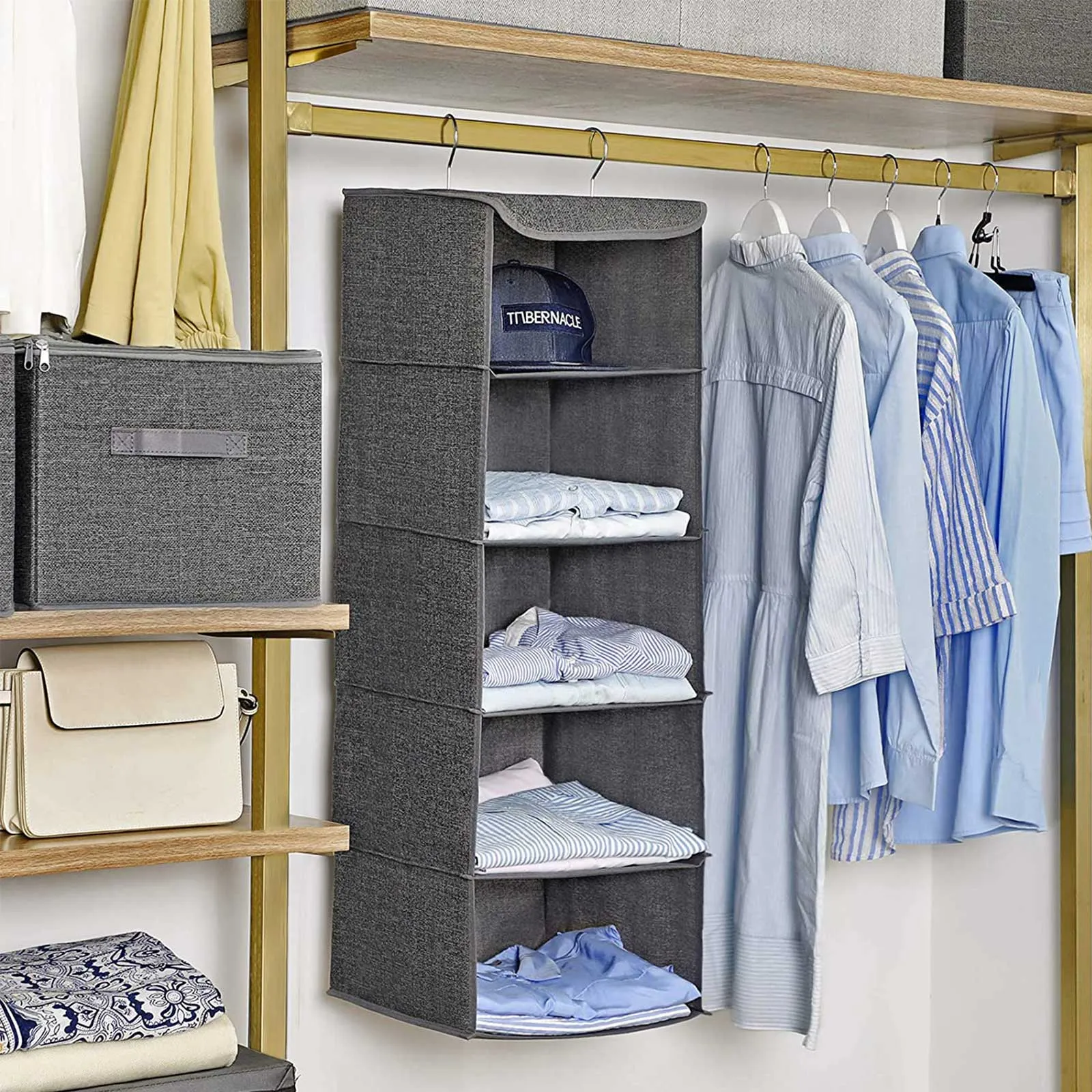 Rootz Hanging Shelf Organizer - Wardrobe Organizer - Closet Organizer - Vertical Space Saving - Bamboo Inserts - Non-Woven Fabric - Gray - 30cm x 30cm x 90cm