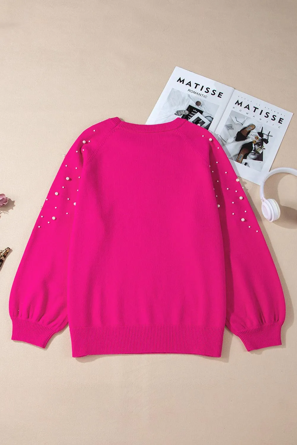 Rose Pink Pearled Raglan Sleeve Plus Size Sweater