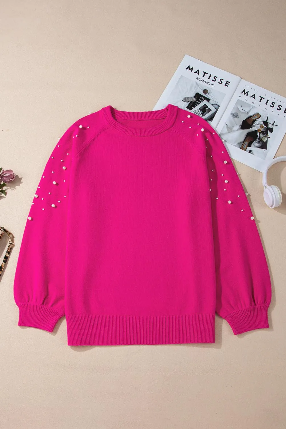 Rose Pink Pearled Raglan Sleeve Plus Size Sweater