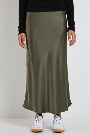 Rosette Khaki Satin Bias Midi Skirt