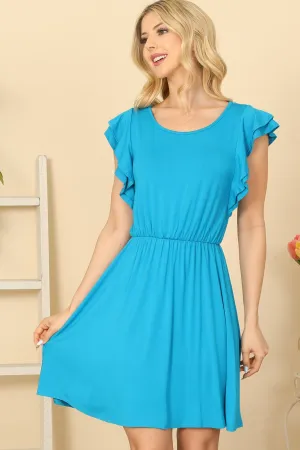 Ruffle Sleeve Cinch Waist Solid Dress