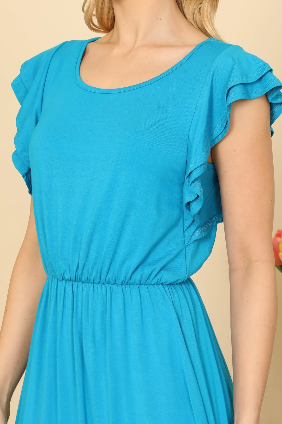 Ruffle Sleeve Cinch Waist Solid Dress
