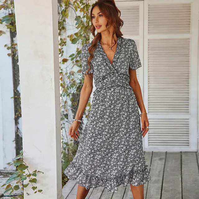 Ruffle Summer Midi Dresses Bohemian V Neck Short Sleeve Chiffon Sundress Loose Fit Boho Dress Beach