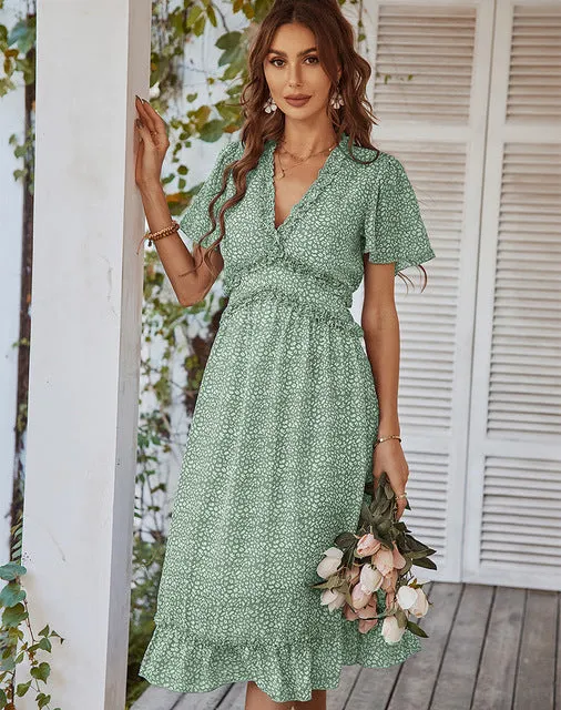 Ruffle Summer Midi Dresses Bohemian V Neck Short Sleeve Chiffon Sundress Loose Fit Boho Dress Beach