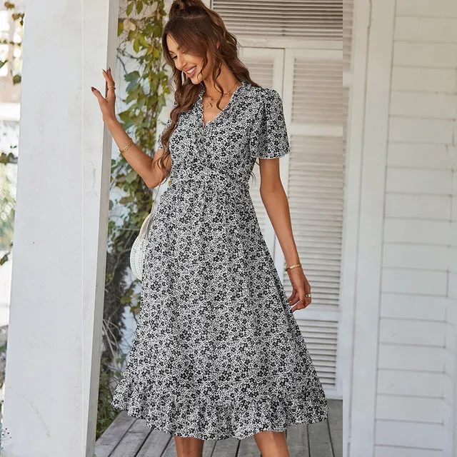 Ruffle Summer Midi Dresses Bohemian V Neck Short Sleeve Chiffon Sundress Loose Fit Boho Dress Beach