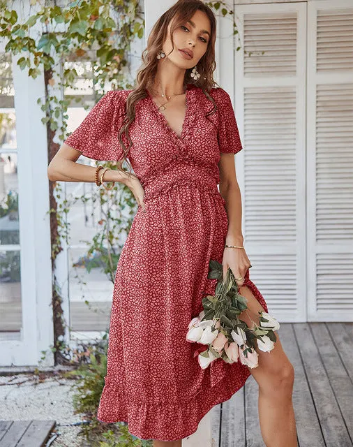 Ruffle Summer Midi Dresses Bohemian V Neck Short Sleeve Chiffon Sundress Loose Fit Boho Dress Beach
