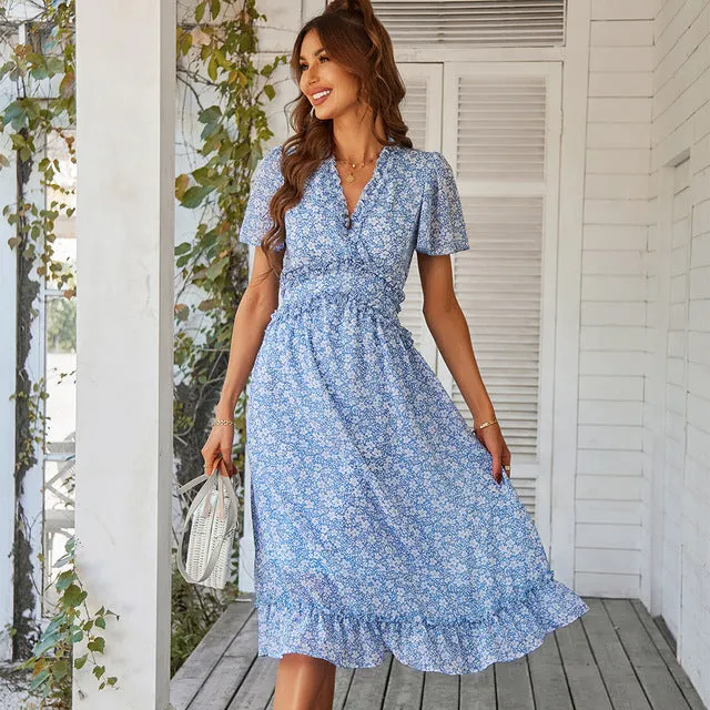 Ruffle Summer Midi Dresses Bohemian V Neck Short Sleeve Chiffon Sundress Loose Fit Boho Dress Beach