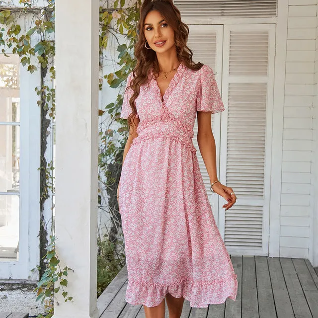 Ruffle Summer Midi Dresses Bohemian V Neck Short Sleeve Chiffon Sundress Loose Fit Boho Dress Beach