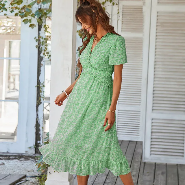 Ruffle Summer Midi Dresses Bohemian V Neck Short Sleeve Chiffon Sundress Loose Fit Boho Dress Beach