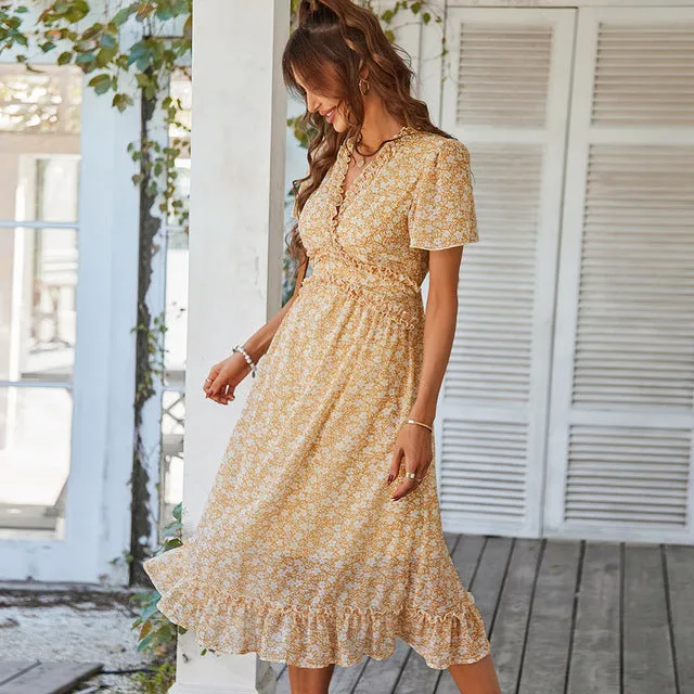 Ruffle Summer Midi Dresses Bohemian V Neck Short Sleeve Chiffon Sundress Loose Fit Boho Dress Beach