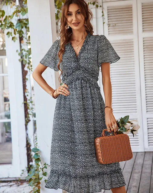 Ruffle Summer Midi Dresses Bohemian V Neck Short Sleeve Chiffon Sundress Loose Fit Boho Dress Beach