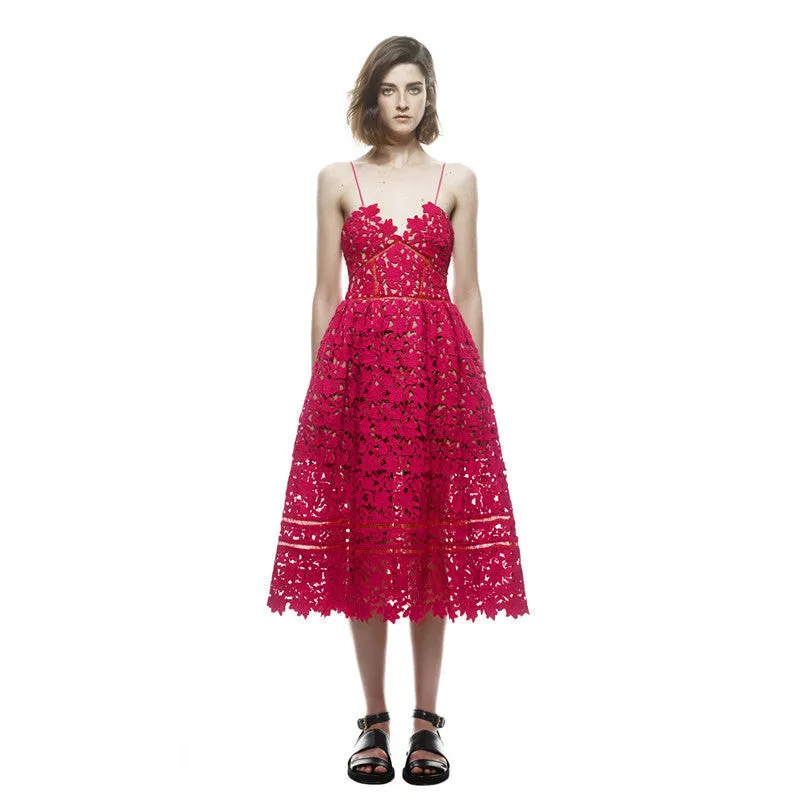Runway Dress Women's Strap Lace Mid-calf Dress Size XS-XXL