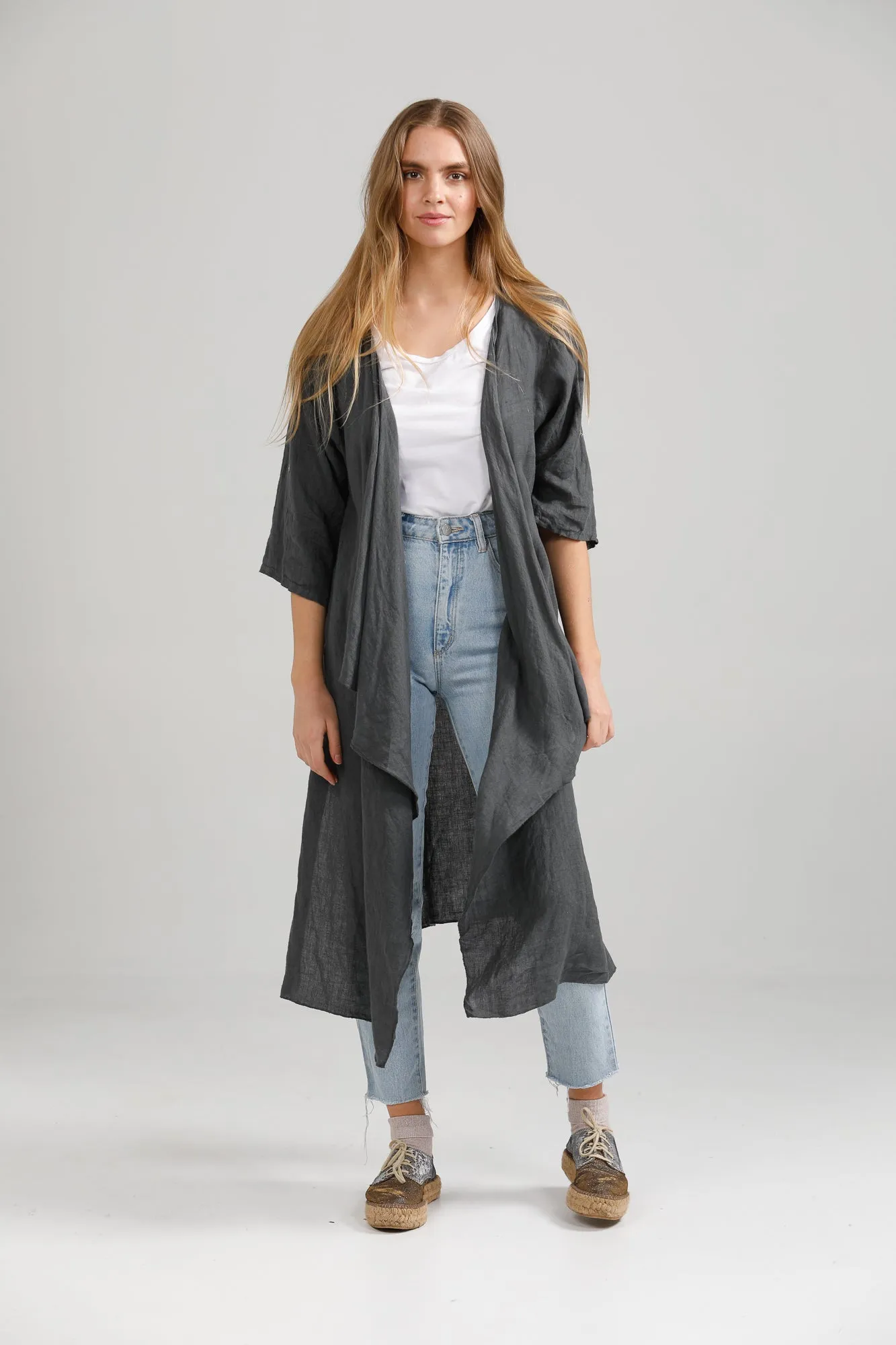 Sabine Linen  Duster Coat. Charcoal.