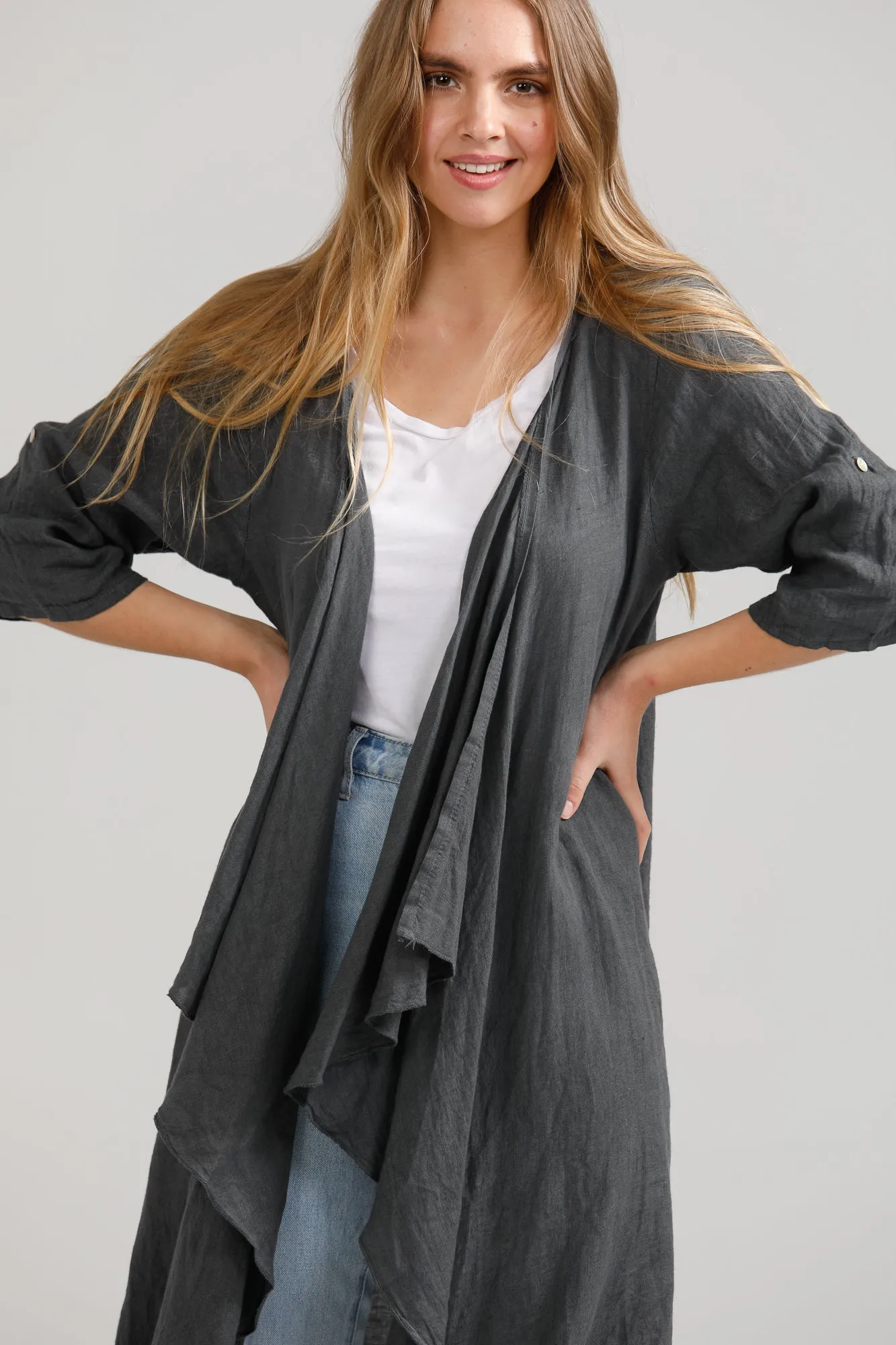 Sabine Linen  Duster Coat. Charcoal.