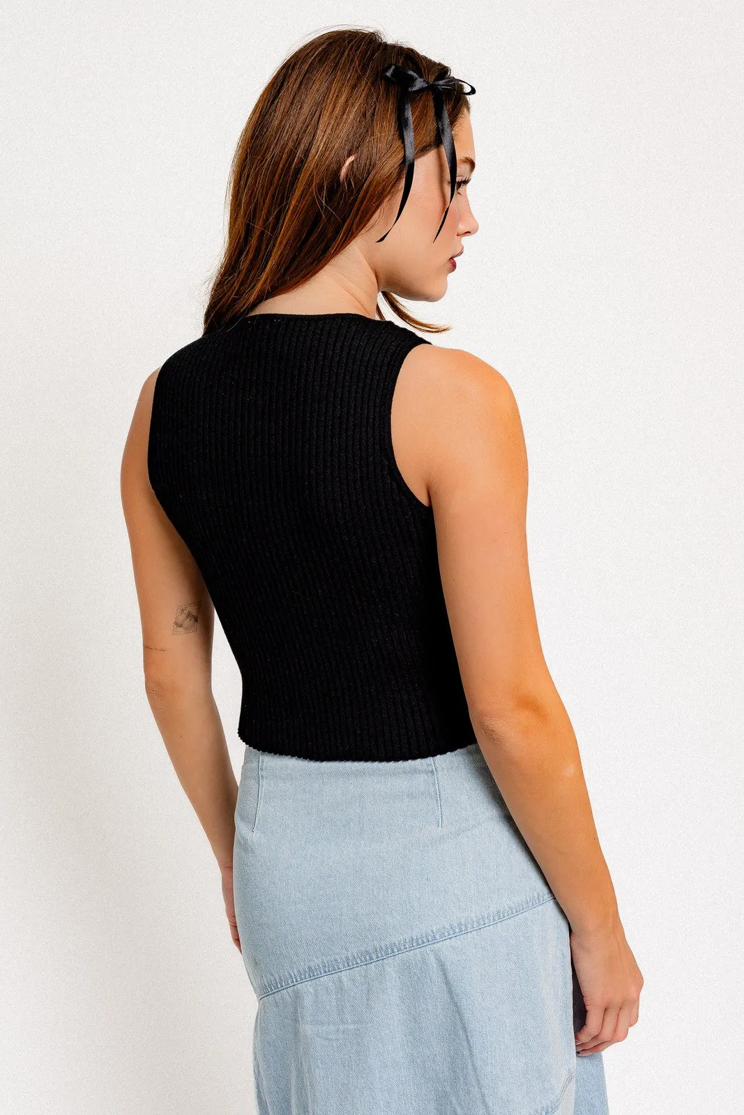 Satin Bow Detail Sleeveless Sweater Top SWT9753