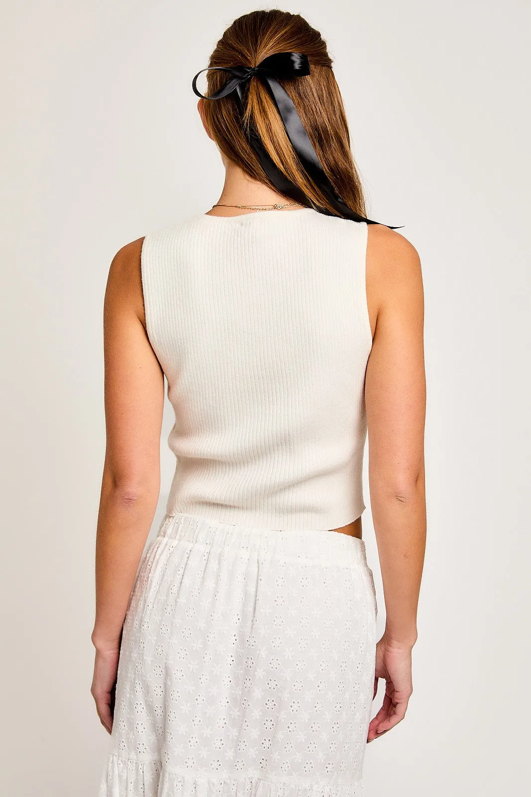 Satin Bow Detail Sleeveless Sweater Top SWT9753