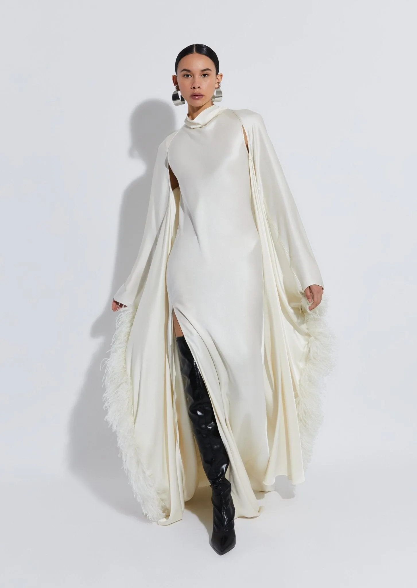 Satin Caftan With Feathers