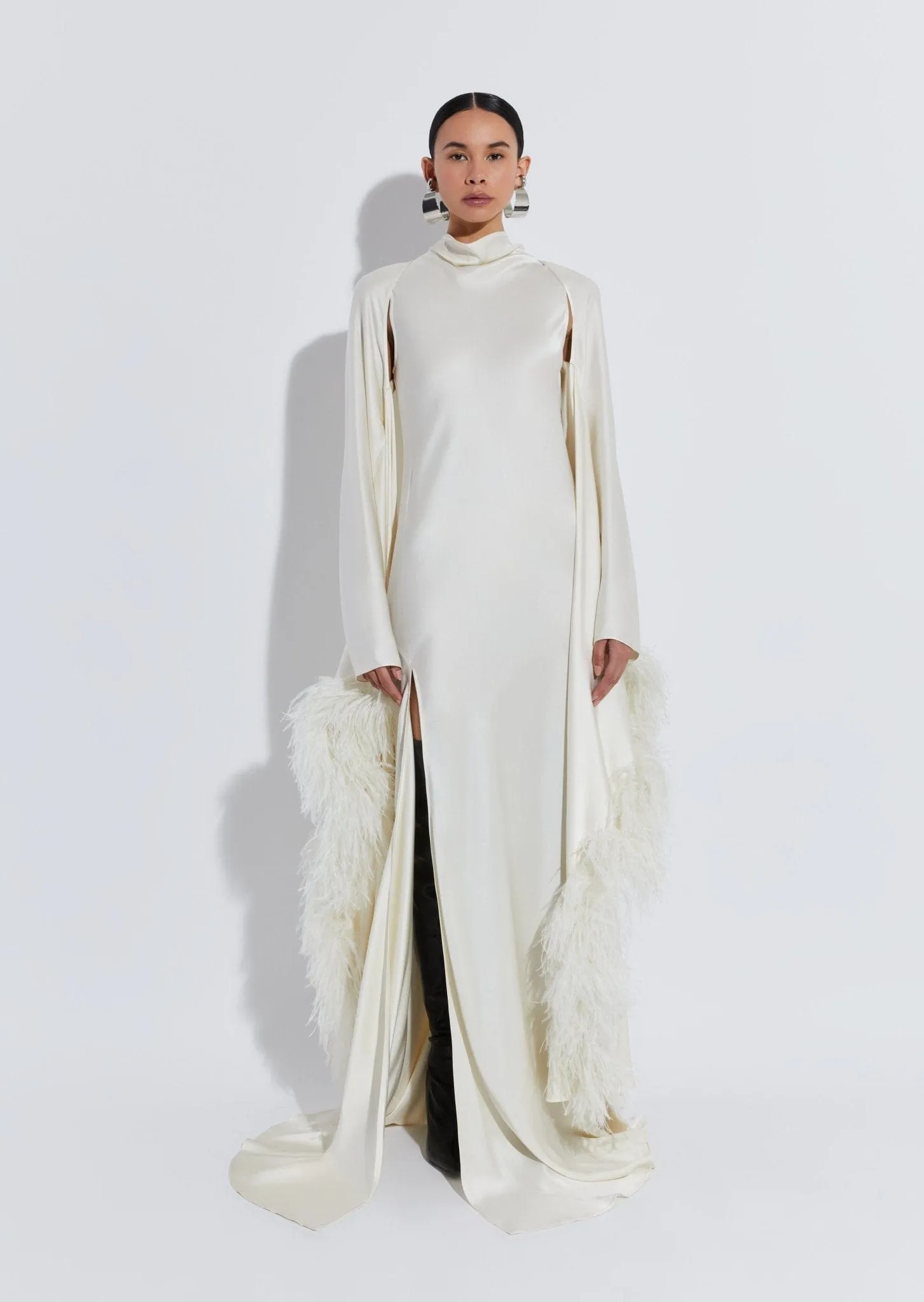 Satin Caftan With Feathers