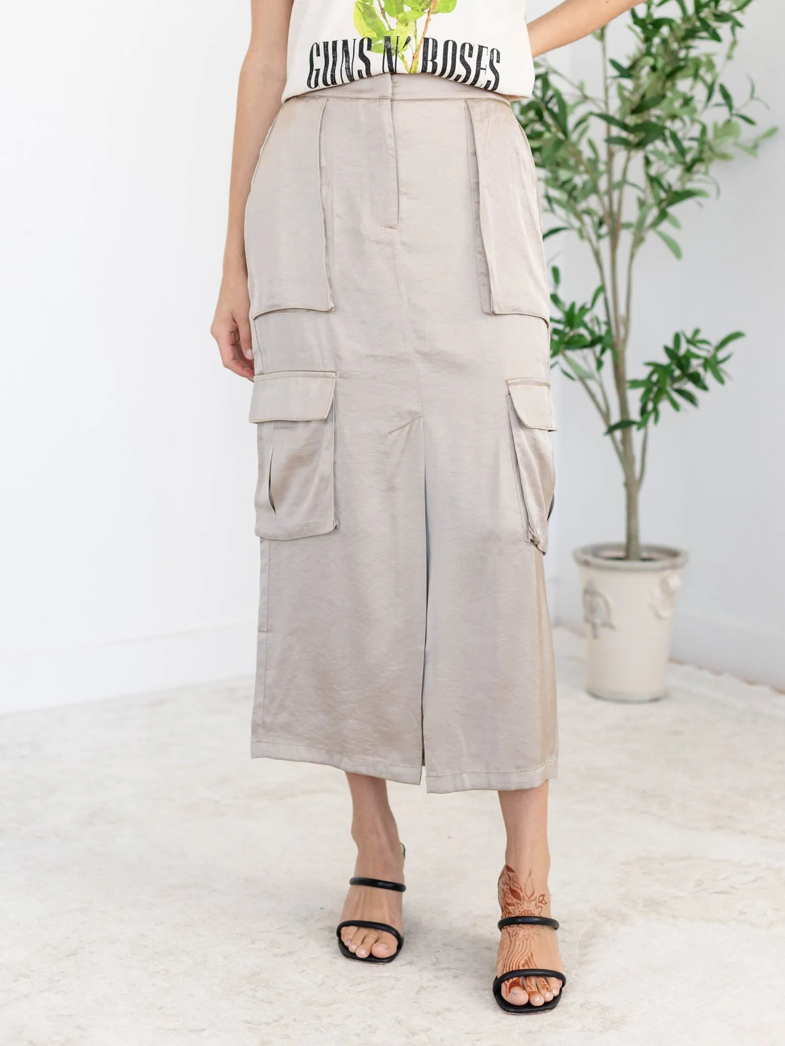 Satin Cargo Midi Skirt