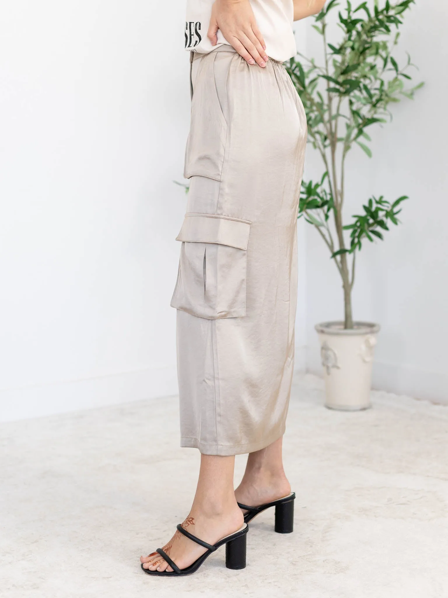 Satin Cargo Midi Skirt
