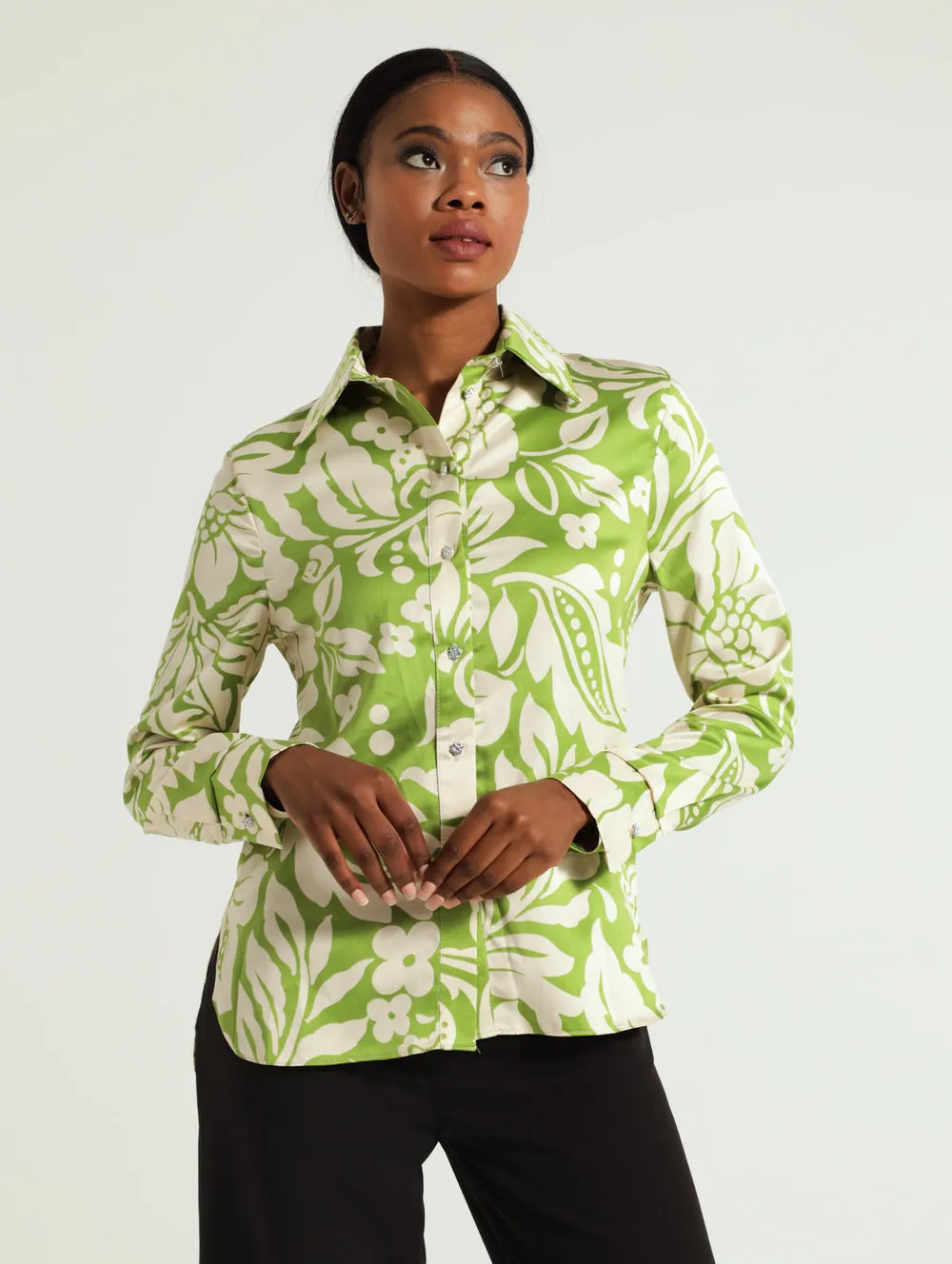 Satin Floral Fancy Button Shirt - Light Green
