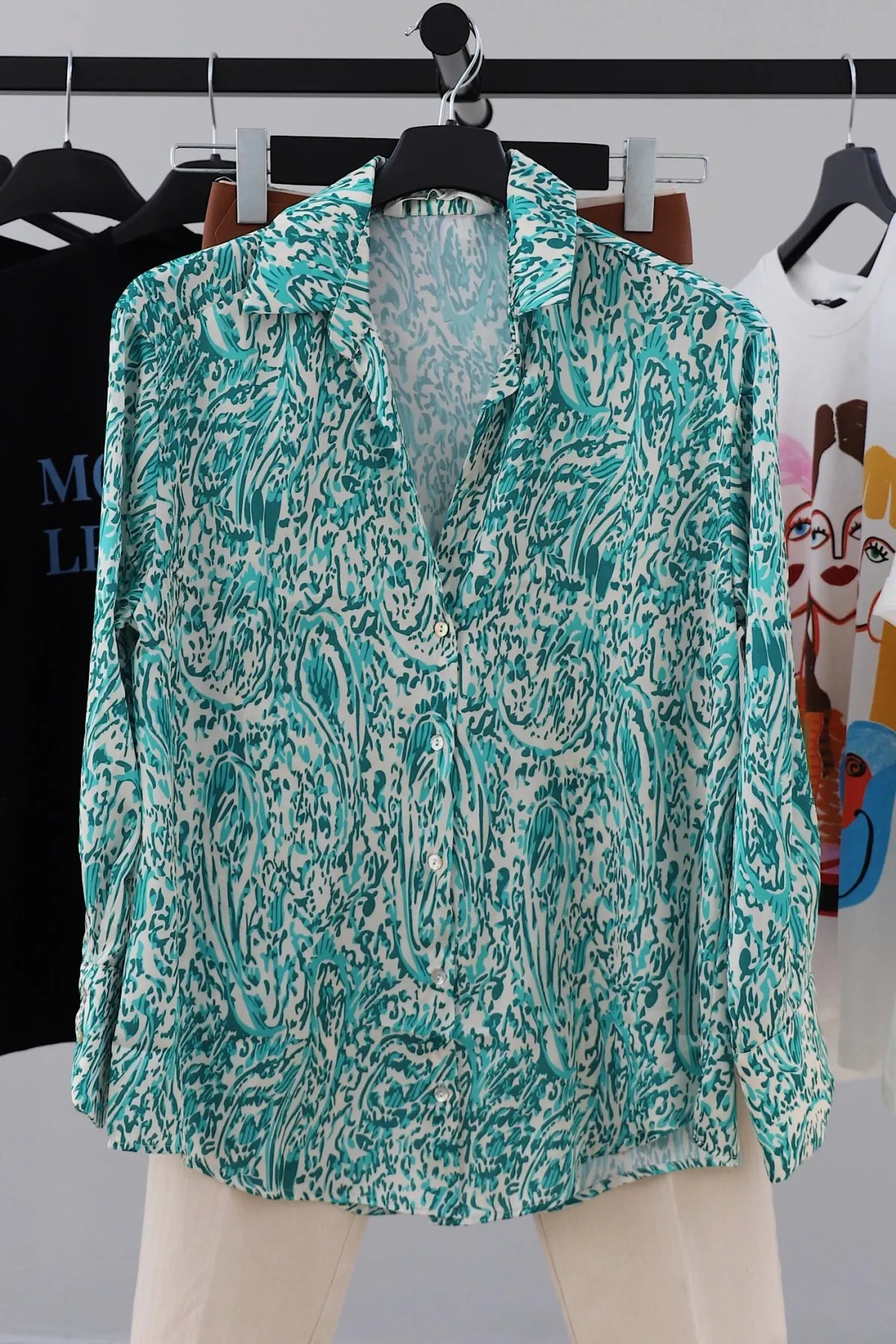 Satin Green Patterned Shirt
