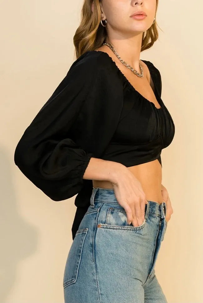 Satin Peasant Tie Satin Crop Top