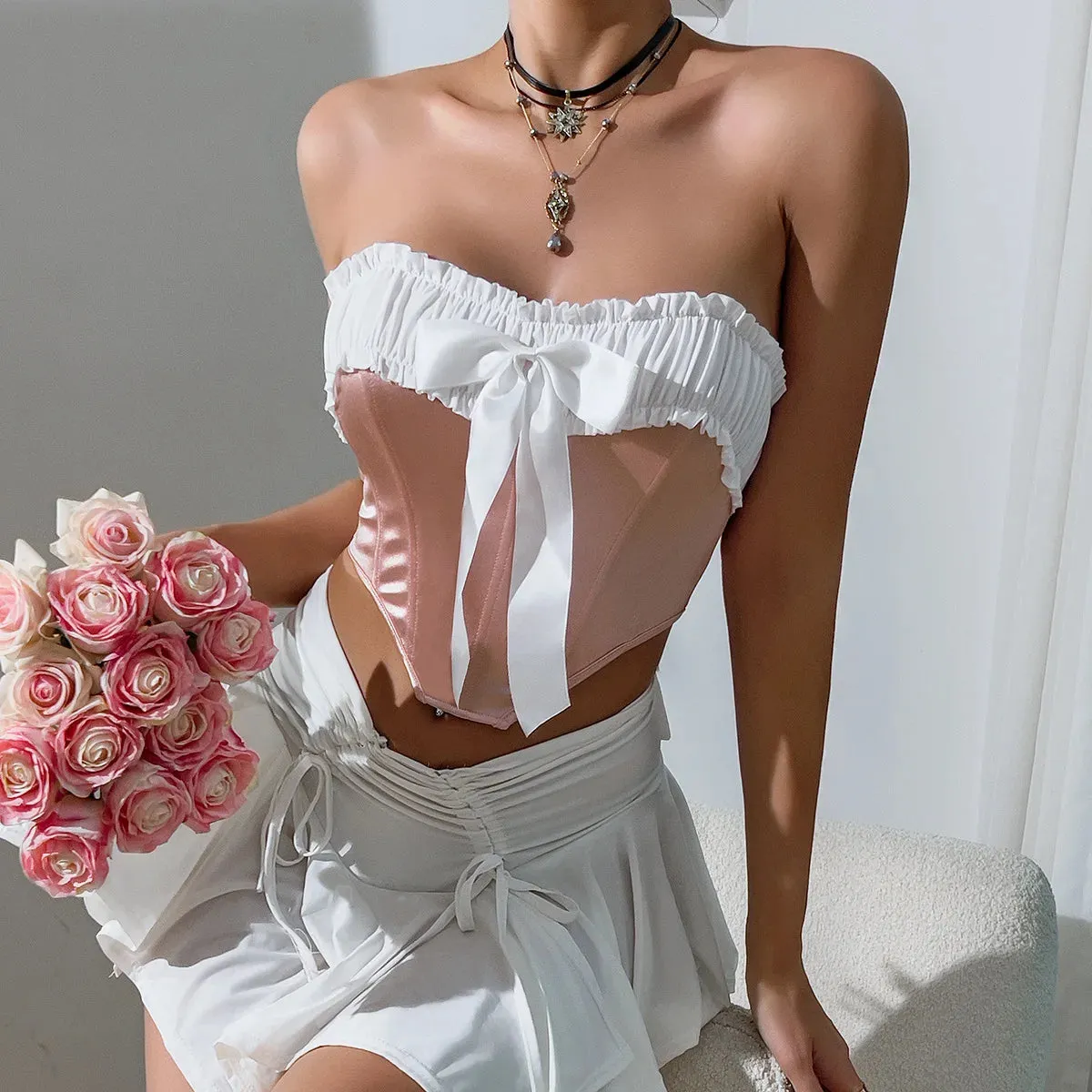 Satin Stretch Backless Ruched Bustier