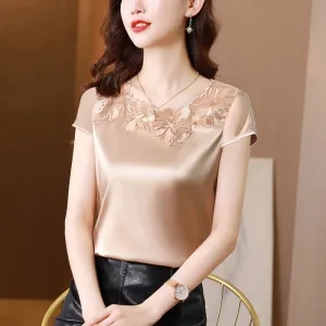 Satin top with beige flower embroidery