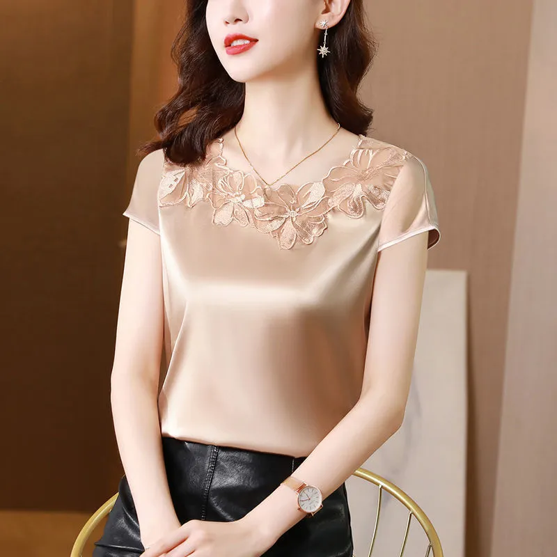 Satin top with beige flower embroidery