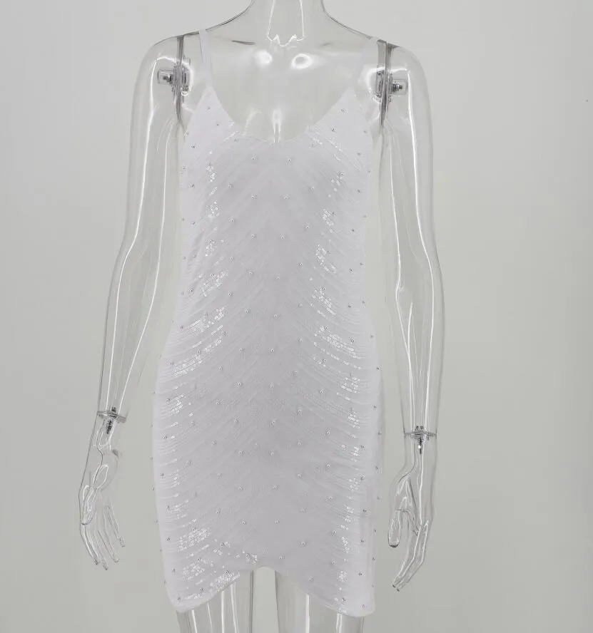 Sequin dress stretch sequin skirt open back beaded spaghetti strap