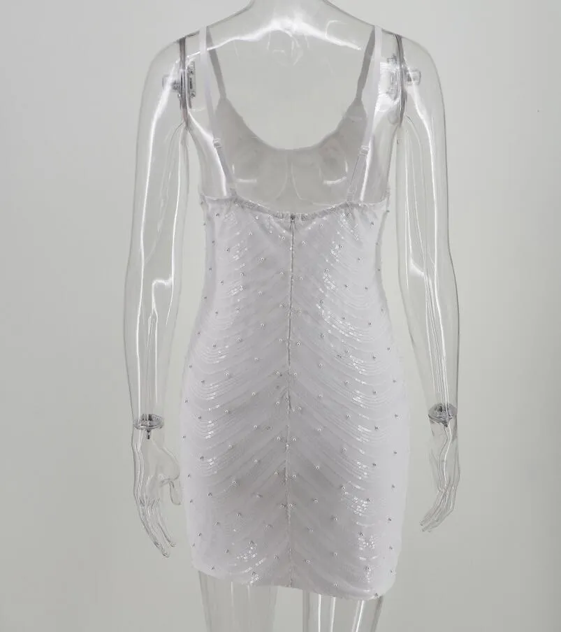 Sequin dress stretch sequin skirt open back beaded spaghetti strap