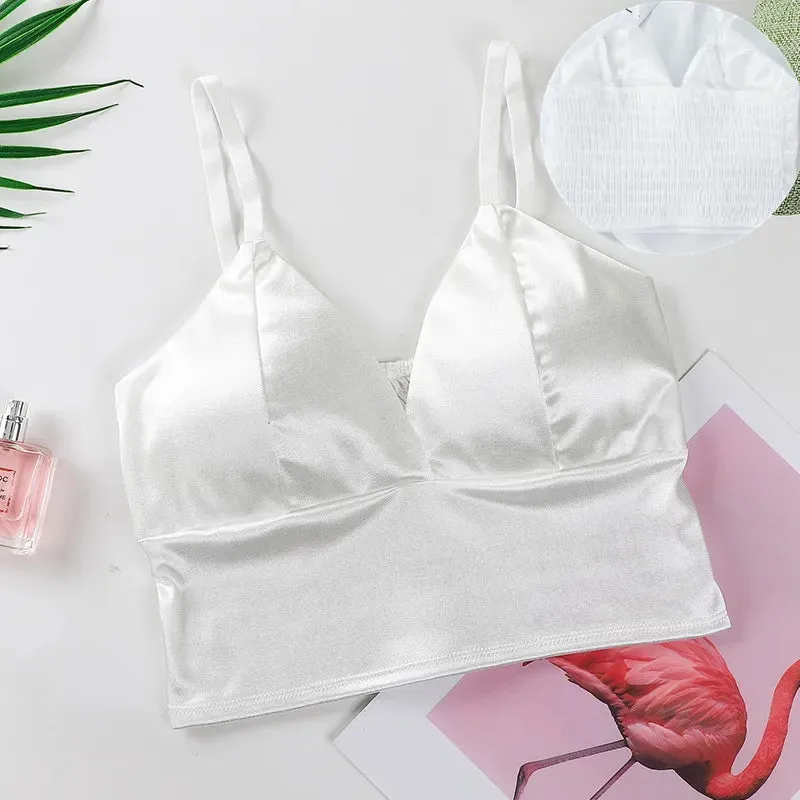 Sexy Satin Crop Tops Women Wireless Bralette Crochet Top Female Spaghetti Strap T-shirt Cropped With Chest Padded Camisole Camis